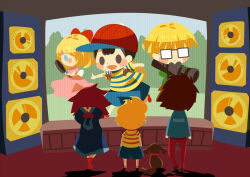 Rule 34 | 2girls, 4boys, arms behind head, black hair, blonde hair, blue dress, blue eyes, blue shirt, blue shorts, blush stickers, boney, bow, brown dog, brown hair, dog, dress, duster (mother), facing away, flower, freckles, frying pan, full body, glasses, hair bow, hitofutarai, holding, holding frying pan, holding rocket launcher, holding weapon, hooded dress, jeff andonuts, kumatora, lucas (mother 3), mother (game), mother 3, multiple boys, multiple girls, ness (mother 2), nintendo, open mouth, pants, paula (mother 2), pink dress, red bow, red flower, red footwear, red headwear, red pants, rocket launcher, shadow, shirt, shorts, solid oval eyes, speaker, standing, striped clothes, striped shirt, television, watching television, weapon
