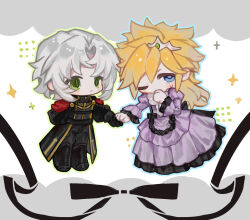 Rule 34 | 2boys, aiguillette, back bow, bailu hengjiang, black bow, black coat, black footwear, black pants, black ribbon, blonde hair, blue eyes, blue outline, blush stickers, boots, bow, chibi, cloud strife, cloud strife (ball gown), coat, covering own mouth, crossdressing, dress, dress bow, expressionless, final fantasy, final fantasy vii, final fantasy vii ever crisis, final fantasy vii remake, frilled dress, frilled sleeves, frills, full body, gem, green eyes, green gemstone, green outline, grey hair, hand up, hashtag-only commentary, highres, juliet sleeves, knee boots, long dress, long hair, long sleeves, looking at another, male focus, military uniform, multiple boys, one eye closed, outline, pants, puffy sleeves, purple dress, ribbon, sephiroth, sephiroth (shinra formal uniform), short hair, solo, sparkle, spiked hair, standing, sweatdrop, tiara, time paradox, uniform, yaoi