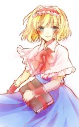 Rule 34 | 1girl, alice margatroid, blonde hair, blue dress, blue eyes, blush, book, bow, capelet, dress, grimoire, grimoire of alice, hairband, highres, holding, holding book, knora, md5 mismatch, sash, short hair, touhou, wrist cuffs