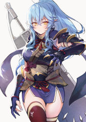 Rule 34 | 1girl, ahoge, armor, blue gloves, blue hair, breasts, fishnet thighhighs, fishnets, gloves, greatsword, grey background, hair between eyes, haoni, highres, hololive, huge weapon, japanese armor, japanese clothes, large breasts, long hair, looking at viewer, monster hunter (series), monster hunter rise, obi, partially fingerless gloves, pointy ears, ponytail, sash, shoulder armor, sidelocks, simple background, skirt, sode, solo, sword, thighhighs, thighs, v-shaped eyebrows, vambraces, virtual youtuber, weapon, yellow eyes, yukihana lamy, zettai ryouiki
