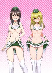 Rule 34 | 2girls, absurdres, aomushi (mushamusha), bare shoulders, blonde hair, blush, boots, breasts, brown eyes, brown hair, carpaccio (girls und panzer), closed mouth, collarbone, embarrassed, eyebrows visible through hair, girls und panzer, green eyes, green headwear, hat, highres, lifted by self, long hair, looking at viewer, medium breasts, mika (girls und panzer), multiple girls, navel, nipples, no bra, no panties, parted lips, pussy, race queen, shiny, shiny hair, shirt lift, simple background, skirt, skirt lift, smile, striped, striped background, thigh boots, thighhighs, white legwear