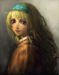 Rule 34 | 1girl, blonde hair, cecilia alcott, docoi, earrings, fine art parody, from side, girl with a pearl earring, green eyes, hair ornament, hairband, headband, infinite stratos, jewelry, lips, long hair, looking at viewer, parody, smile, solo