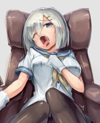 Rule 34 | 10s, 1girl, ahegao, black pantyhose, blue eyes, breasts, chair, gloves, hair ornament, hair over one eye, hairclip, hamakaze (kancolle), highres, kantai collection, looking at viewer, medium breasts, miniskirt, open mouth, pantyhose, perspective, school uniform, serafuku, short hair, short sleeves, silver hair, sitting, skirt, solo, sue sgr u, trembling, white gloves