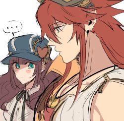 Rule 34 | ..., 1boy, 1girl, cardia beckford, code:realize, girl staring at guy&#039;s chest (meme), goggles, goggles on head, green eyes, hat, hetero, highres, impey barbicane, kash-phia, large pectorals, looking at another, looking back, looking to the side, male focus, meme, pectoral cleavage, pectoral focus, pectorals, profile, red hair, shirt, sleeveless, sleeveless shirt, spoken ellipsis, sweat, sweatdrop