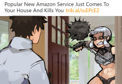 Rule 34 | 1boy, 1girl, amazon (company), angry, ball and chain (weapon), blunt bangs, brown hair, brown sclera, clenched teeth, colored sclera, commentary, crop top, cropped shirt, day, door, english text, fate/grand order, fate (series), fingerless gloves, frown, fujimaru ritsuka (male), gauntlets, gloves, holding, holding weapon, idk-kun, indoors, meme, navel, open door, parody, penthesilea (fate), photo-referenced, photo background, shirt, short hair, spiked ball and chain, teeth, the onion, toned, weapon, white hair, white shirt, wing collar, yellow eyes