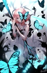 Rule 34 | 1girl, black thighhighs, breasts, bug, butterfly, butterfly on head, cleavage, clothes lift, dress, dress lift, forever 7th capital, highres, insect, kaon (kaon ll), one eye covered, pink hair, see-through, short hair, solo, tattoo, thighhighs