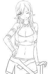 Rule 34 | 1girl, breasts, cleavage, greyscale, hand on own hip, large breasts, lineart, long hair, looking at viewer, monochrome, navel, one eye closed, simple background, smile, solo, white background, wink, zaxwu