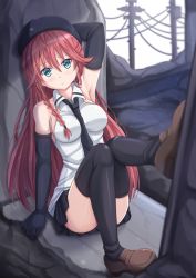 Rule 34 | 10s, 1girl, arm behind head, armpits, asami lilith, between breasts, black gloves, black necktie, black skirt, black thighhighs, blue eyes, blurry, blush, braid, breasts, convenient leg, depth of field, gloves, hair between eyes, hat, highres, kazenokaze, large breasts, loafers, long hair, looking at viewer, miniskirt, necktie, necktie between breasts, pleated skirt, pout, red hair, shirt, shoes, single braid, sitting, skirt, sleeveless, sleeveless shirt, solo, thighhighs, trinity seven, utility pole, white shirt, zettai ryouiki