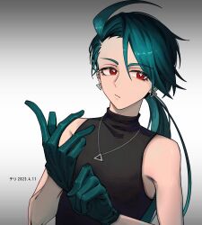 Rule 34 | 1girl, adjusting clothes, adjusting gloves, ahoge, bare arms, black shirt, bright pupils, character name, closed mouth, commentary request, creatures (company), dated, earrings, eyelashes, game freak, gloves, green gloves, green hair, highres, jewelry, long hair, molingxiang chimangguo, necklace, nintendo, pokemon, pokemon sv, ponytail, red eyes, rika (pokemon), shirt, sleeveless, sleeveless shirt, solo, stud earrings, upper body, white pupils