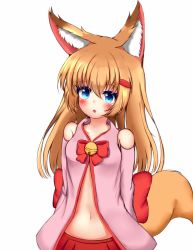 Rule 34 | 1girl, :o, animal ear fluff, animal ears, arms behind back, bad id, bad pixiv id, bare shoulders, bell, blue eyes, blush, bow, breasts, collarbone, colored eyelashes, commentary request, detached sleeves, fox ears, fox girl, fox tail, hair between eyes, hair down, hair ornament, hairclip, highres, jingle bell, kemomimi oukoku kokuei housou, light brown hair, long hair, long sleeves, looking at viewer, mikoko (kemomimi oukoku kokuei housou), navel, parted lips, peru (perushee), pleated skirt, red bow, red skirt, simple background, skirt, small breasts, solo, tail, very long hair, virtual youtuber, white background