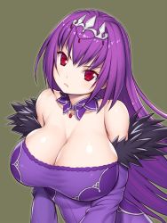 Rule 34 | 1girl, asamura hiori, bare shoulders, breasts, cleavage, closed mouth, commentary request, detached sleeves, dress, fate/grand order, fate (series), fur trim, headpiece, highres, jewelry, large breasts, long hair, looking at viewer, necklace, purple dress, purple hair, red eyes, scathach (fate), scathach skadi (fate), simple background, solo, tiara, upper body