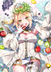 Rule 34 | 10s, 1girl, absurdres, ahoge, apple, blonde hair, braid, breasts, bridal veil, chain, cleavage, eating, fate/extra, fate/extra ccc, fate/grand order, fate (series), food, french braid, fruit, full-length zipper, grapes, green eyes, hair intakes, head wreath, highres, kanola u, large breasts, lemon, leotard, lock, looking at viewer, lying, nero claudius (bride) (fate), nero claudius (bride) (third ascension) (fate), nero claudius (fate), nero claudius (fate) (all), on back, open mouth, padlock, showgirl skirt, solo, strapless, strapless leotard, veil, white leotard, white sleeves, zipper, zipper pull tab