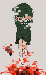 Rule 34 | 1girl, absurdres, blood, bloody knife, braid, censored, closed mouth, clover knight (vocaloid), commentary, edge 0605, expressionless, from above, glasses, green eyes, green hair, green serafuku, green skirt, grey background, hands on own cheeks, hands on own face, highres, implied murder, knees together feet apart, knife, limited palette, long hair, looking at viewer, looking up, low twin braids, mosaic censoring, no shoes, one eye covered, pool of blood, school uniform, serafuku, skirt, socks, solo, symbol-only commentary, twin braids, vocaloid, white socks