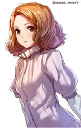 Rule 34 | 10s, 1girl, brown eyes, brown hair, dutch angle, looking at viewer, mataichi mataro, okumura haru, open mouth, persona, persona 5, short hair, simple background, solo, standing, twitter username, upper body, wavy hair, white background