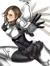 Rule 34 | 1girl, armor, belt, belt pouch, black bodysuit, bodysuit, breasts, brown hair, fighting stance, glasses, large breasts, lipstick, makeup, outstretched hand, p.n.03, pn03, pouch, ryu (ryu&#039;s form site), short hair, simple background, skin tight, smile, solo, spread legs, sunglasses, thighs, vanessa schneider, vanessa z schneider, wings
