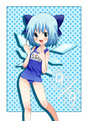 Rule 34 | 1girl, :d, bad id, bad pixiv id, blue hair, bow, child, cirno, hair bow, no nose, one-piece swimsuit, open mouth, oshiruko (tsume), polka dot, polka dot background, school swimsuit, short hair, smile, solo, swimsuit, touhou, wings