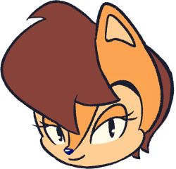 Rule 34 | 1girl, animal ears, animal nose, black eyes, body fur, brown hair, closed mouth, face, female focus, flat color, furry, furry female, half-closed eyes, happy, looking at viewer, orange fur, sally acorn, short hair, simple background, sketch, smile, solo, sonic (series), stellarspin, two-tone fur, white background