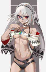 Rule 34 | 10s, 1girl, adapted costume, altera (fate), arm behind back, bare shoulders, bespectacled, black panties, blue-framed eyewear, breasts, choker, collarbone, cowboy shot, dark-skinned female, dark skin, detached sleeves, earrings, fate/extella, fate/extra, fate (series), floating hair, full-body tattoo, glasses, graphite (medium), grey background, hand up, highres, htt (qwe87851618), jewelry, liquid, looking at viewer, medium breasts, navel, off-shoulder shirt, off shoulder, panties, parted lips, red eyes, shirt, short hair, short sleeves, single detached sleeve, skindentation, smile, solo, standing, stomach, straight hair, tattoo, traditional media, tsurime, underboob, underwear, veil, white background, white choker, white hair, white shirt
