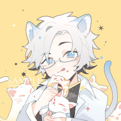 Rule 34 | 1boy, animal, animal ear fluff, animal ears, black shirt, blue eyes, cat, cat boy, cat ears, cat tail, chinese commentary, commentary request, doughnut, food, glasses, highres, holding, holding animal, holding cat, holding food, kanou aogu, kemonomimi mode, lab coat, long sleeves, male focus, open clothes, portrait, saibou shinkyoku, sample watermark, semi-rimless eyewear, shirt, short hair, simple background, smile, solo, sparkle, tail, tongue, tongue out, watermark, white cat, white hair, xiao228, yellow background