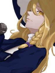Rule 34 | 1boy, black gloves, black jacket, blonde hair, bow, braid, closed mouth, commentary request, cookie (touhou), genderswap, genderswap (ftm), gloves, hair bow, holding, holding microphone, jacket, johnnyyyyy, kirisame marisa, long hair, looking at viewer, male focus, matching hair/eyes, microphone, purple bow, rei (cookie), shirt, side braid, simple background, single braid, solo, touhou, trap, turtleneck, upper body, white background, white shirt, yellow eyes