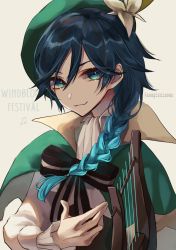 Rule 34 | 1boy, asagizuisen, bard, blue hair, bow, bowtie, commentary request, eyelashes, eyes visible through hair, genshin impact, green eyes, hair between eyes, harp, hat, highres, instrument, long hair, looking at viewer, multicolored eyes, multicolored hair, solo, venti (genshin impact)