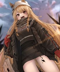 Rule 34 | 1girl, :d, absurdres, animal ears, arknights, arm at side, belt, belt pouch, bird, black dress, black jacket, blonde hair, blurry, blurry background, braid, breasts, brown eyes, ceobe (arknights), ceobe (unfettered) (arknights), chain, clothes writing, cowboy shot, dog ears, dress, dutch angle, earclip, ears through headwear, flock, gloves, hat, highres, holding, ink, jacket, ka keo, layered clothes, long hair, long sleeves, material growth, official alternate costume, open clothes, open jacket, open mouth, oripathy lesion (arknights), panties, pantyshot, pocket, pouch, red gloves, side braid, sky, smile, solo, turtleneck, twin braids, underwear, very long hair, white hat, white panties
