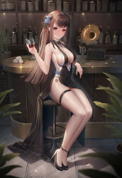 Rule 34 | 1girl, absurdres, bar (place), bar stool, black dress, black footwear, blush, bottle, breasts, brown hair, cleavage, closed mouth, covered navel, cup, dress, drinking glass, full body, high heels, highres, holding, holding cup, indoors, large breasts, legs, long hair, original, phonograph, plant, potted plant, red eyes, sitting, smile, sparkle, stool, thighs, toe cleavage, wa (user snch2757), wine glass