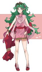 Rule 34 | 1girl, absurdres, bracelet, braid, closed mouth, cosplay, dress, fire emblem, fire emblem: mystery of the emblem, fire emblem: three houses, full body, green eyes, green hair, highres, jewelry, long hair, nintendo, pink dress, pointy ears, ribbon braid, sakuremi, short dress, simple background, solo, sothis (fire emblem), tiara, tiki (fire emblem), tiki (fire emblem) (cosplay), tiki (young) (fire emblem), twin braids