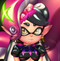 Rule 34 | + +, 1girl, alternate costume, callie (splatoon), black hair, breasts, closed mouth, crop top, domino mask, earrings, food, food on head, jewelry, looking at viewer, mask, nintendo, object on head, placeholdname, pointy ears, puffy short sleeves, puffy sleeves, short sleeves, small breasts, solo, splatoon (series), splatoon 2, sushi, symbol-shaped pupils, tentacles, tentacle hair, upper body, yellow eyes
