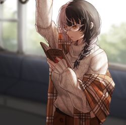 Rule 34 | absurdres, alternate costume, alternate hairstyle, arm above head, arm up, baggy clothes, black hair, blurry, blurry background, blurry foreground, book, braid, cable knit, expressionless, glasses, hh (hehexd06161704), highres, holding, holding book, holoadvent, hololive, hololive english, long sleeves, multicolored hair, plaid, plaid scarf, reading, scarf, shiori novella, side braid, split-color hair, standing, streaked hair, sweater, train interior, turtleneck, turtleneck sweater, two-tone hair, virtual youtuber, white-framed eyewear, white hair, white sweater, yellow eyes