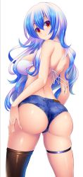 Rule 34 | 1girl, ass, ass focus, back, bare arms, bare shoulders, bikini, bikini top only, black thighhighs, blue hair, breasts, brown eyes, closed mouth, from behind, hijikawa arashi, huge ass, kamishirasawa keine, large breasts, legs apart, long hair, looking at viewer, looking back, multicolored hair, short shorts, shorts, single thighhigh, smile, solo, standing, strapless, strapless bikini, swimsuit, thigh strap, thighhighs, touhou, wavy hair, white bikini, white hair