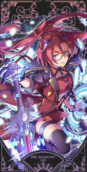 Rule 34 | 1girl, absurdres, altheavin, belt, black gloves, black thighhighs, blue eyes, breasts, coat, english text, floating hair, glasses, gloves, highres, labyrista, large breasts, long hair, magic, ponytail, princess connect!, red coat, red hair, red shirt, resolution mismatch, shirt, smile, solo, source smaller, sword, thighhighs, weapon