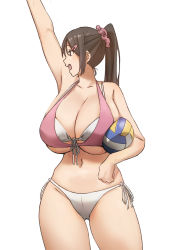 Rule 34 | 1girl, arm up, armpits, ball, bare arms, bikini, breasts, brown eyes, brown hair, cleavage, collarbone, commentary request, cowboy shot, female focus, hair ornament, hair scrunchie, hairclip, highres, holding, holding ball, huge breasts, layered bikini, long hair, looking to the side, navel, open mouth, original, pink bikini, ponytail, scrunchie, side-tie bikini bottom, sidelocks, simple background, smile, soia180, solo, standing, swimsuit, teeth, underboob, upper teeth only, volleyball (object), white background, white bikini
