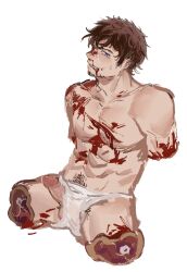 Rule 34 | 1boy, abs, amputee, badai, beard stubble, blood, blood drip, blood on chest, blood on face, blue eyes, brown hair, character request, check copyright, clenched teeth, commentary, copyright request, facial hair, guro, highres, male focus, muscular, muscular male, pectorals, penis, quadruple amputee, short hair, solo, stubble, sweatdrop, teeth, tokyo houkago summoners, underwear, white background