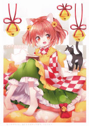 Rule 34 | 1girl, :d, absurdres, animal ear fluff, animal ears, apron, barefoot, bell, black cat, blush, book, border, bow, cat, cat ears, cat tail, character name, checkered background, checkered clothes, checkered kimono, clothes writing, fang, frilled apron, frills, green skirt, hair bell, hair between eyes, hair ornament, hakama, hakama short skirt, hakama skirt, highres, huge filesize, japanese clothes, jingle bell, kemonomimi mode, kimono, knees up, long sleeves, looking at viewer, mimi (mimi puru), motoori kosuzu, open mouth, paw print, petticoat, pillow, pink hair, red bow, red eyes, red kimono, scan, short hair, sitting, skirt, smile, solo, tail, tail bow, tail ornament, touhou, translation request, two side up, white border, white kimono, wide sleeves, yellow apron