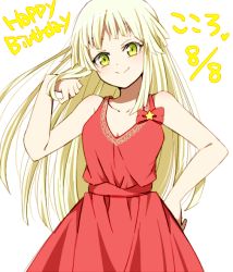 Rule 34 | 1girl, akasata, bang dream!, bare shoulders, blonde hair, blush, bow, breasts, character name, collarbone, dated, dress, green eyes, hand in own hair, hand on own hip, happy birthday, long hair, looking at viewer, medium breasts, red bow, red dress, sidelocks, simple background, smile, solo, star (symbol), tsurumaki kokoro, white background