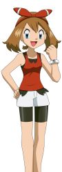 Rule 34 | 1girl, absurdres, artist request, bare shoulders, bike shorts, black shorts, blue eyes, bow, brown hair, child, collarbone, creatures (company), female focus, game freak, gen 6 pokemon, hair bow, hair ornament, hair ribbon, hand on own hip, happy, highres, legs, long image, looking at viewer, may (pokemon), may (pokemon oras), medium hair, neck, nintendo, open mouth, pokemon, pokemon (anime), pokemon oras, pokemon rse (anime), raised fist, red bow, red ribbon, red shirt, ribbon, shirt, short ponytail, short shorts, shorts, simple background, sleeveless, sleeveless shirt, standing, tall image, white background, wristband