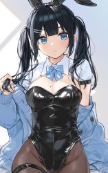 Rule 34 | absurdres, animal ears, black hair, black leotard, blue bow, blue bowtie, blue eyes, blue jacket, blush, bow, bowtie, breasts, brown pantyhose, cleavage, collared shirt, covered navel, fake animal ears, hair ornament, hairclip, hand in own hair, highres, jacket, leotard, long hair, looking away, mole, mole on breast, original, pantyhose, playboy bunny, pout, rabbit ears, removing jacket, shirt, shrug (clothing), signature, simple background, solo, takenoko no you, thigh strap, twintails