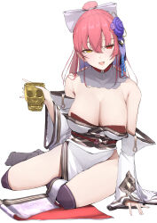 Rule 34 | 1girl, arm support, blush, breasts, cleavage, cup, detached collar, detached sleeves, dokuro-kun (houshou marine), flower, full body, hair between eyes, hair flower, hair ornament, heterochromia, highres, holding, holding cup, hololive, houshou marine, japanese clothes, kimono, large breasts, long hair, long sleeves, looking at viewer, mitsuru (pixiv 34028718), no shoes, off shoulder, open mouth, pink hair, ponytail, red eyes, simple background, solo, virtual youtuber, white background, white kimono, yellow eyes