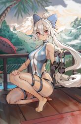 Rule 34 | 1girl, absurdres, bare shoulders, barefoot, blue bow, blue one-piece swimsuit, blush, bow, breasts, collarbone, competition swimsuit, fate/grand order, fate (series), feet, full body, hair between eyes, hair bow, highleg, highleg swimsuit, highres, holding, holding clothes, holding footwear, holding shoes, kiritzugu, legs, long hair, looking at viewer, medium breasts, nail polish, on one knee, one-piece swimsuit, outdoors, pink nails, ponytail, railing, red eyes, sandals, shoes, sideboob, simple background, smile, solo, striped clothes, striped one-piece swimsuit, sunset, swimsuit, tan, thigh strap, thighs, toes, tomoe gozen (fate), tomoe gozen (swimsuit saber) (fate), tomoe gozen (swimsuit saber) (first ascension) (fate), two-tone swimsuit, umbrella, unworn sandals, vertical-striped clothes, vertical-striped one-piece swimsuit, very long hair, white background, white hair, white one-piece swimsuit