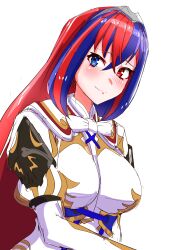 Rule 34 | 1girl, absurdres, alear (female) (fire emblem), alear (fire emblem), blue eyes, blue hair, blush, crossed bangs, fire emblem, fire emblem engage, hair between eyes, heterochromia, highres, long hair, long sleeves, looking at viewer, multicolored hair, nintendo, red eyes, red hair, ribbon, solo, split-color hair, tiara, to (tototo tk), two-tone hair, white background