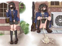 Rule 34 | 1girl, 2022, 20s, 4mper5and, air conditioner, august, bag, black hair, black skirt, black socks, blue jacket, bow, bowtie, brown eyes, brown footwear, brown vest, bush, censored, dated, electric fan, grass, have to pee, heart, jacket, lantern, long sleeves, mask, mouth mask, panties, panty pull, peeing, ponytail, puddle, pussy, red bow, red bowtie, school uniform, shirt, shoes, short hair, skirt, socks, squatting, standing, trembling, underwear, vest, white panties, white shirt, window