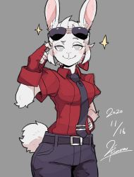 Rule 34 | 1girl, 25 kimera, :3, animal ears, belt, black necktie, black pants, blush, closed mouth, collared shirt, commentary request, dated, eyewear on head, fingerless gloves, furrification, furry, furry female, gloves, grey background, grey eyes, hand on own hip, hand up, helltaker, highres, justice (helltaker), looking at viewer, necktie, pants, rabbit ears, rabbit girl, rabbit tail, red shirt, shirt, shirt tucked in, short hair, short sleeves, signature, simple background, solo, sunglasses, tail, tie clip, white fur, white hair