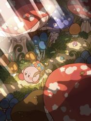 Rule 34 | backpack, bag, black eyes, blush stickers, brown bag, closed mouth, colored skin, commentary, dappled sunlight, forest, grass, harukui, highres, kirby, kirby (series), leg up, mushroom, nature, nintendo, no humans, outdoors, pink skin, red footwear, shadow, shoes, smile, solo, spilling, sunlight, walking