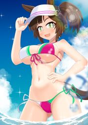 Rule 34 | 1girl, adjusting clothes, adjusting headwear, alternate costume, animal ears, bikini, blush, breasts, cleavage, cloud, commentary request, commission, freckles, ganimede, green eyes, groin, horse ears, horse girl, horse tail, ines fujin (umamusume), large breasts, lens flare, navel, ocean, open mouth, skeb commission, sky, solo, sparkle, swimsuit, tail, umamusume, visor cap