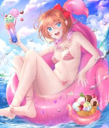 Rule 34 | 1girl, :d, ankle ribbon, bang (gesture), bare arms, bare shoulders, barefoot, bikini, blue eyes, blue sky, bow, breasts, brown hair, cherry, cloud, commentary, day, doki doki literature club, english commentary, feet, finger gun, flower wreath, food, food on face, fruit, hair between eyes, hair bow, highres, ice cream, ice cream scoop, innertube, leg ribbon, looking at viewer, macaron, navel, open mouth, outdoors, parfait, pink ribbon, potetos7, red bow, ribbon, sayori (doki doki literature club), short hair, sky, small breasts, smile, solo, strawberry, striped bikini, striped clothes, swim ring, swimsuit, toes, tongue, tongue out, twitter username, water, water drop