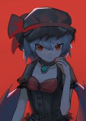 Rule 34 | 1girl, alternate costume, bat wings, black collar, black dress, black hat, blue hair, bow, brooch, closed mouth, collar, dress, expressionless, fingernails, flat chest, hair between eyes, hand on own cheek, hand on own face, hat, hat bow, highres, jewelry, long fingernails, looking at viewer, mob cap, nail polish, puffy short sleeves, puffy sleeves, red background, red bow, red eyes, red nails, remilia scarlet, sharp fingernails, short hair, short sleeves, simple background, siyumu, slit pupils, solo, thighhighs, touhou, upper body, wings