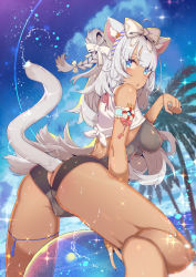 Rule 34 | 1girl, animal ears, ass, ass cutout, ball, bare legs, bare shoulders, barefoot, beachball, blue eyes, blurry, blurry foreground, braid, breasts, butt crack, cameltoe, cat ears, cat girl, cat tail, cleft of venus, clothing cutout, covered erect nipples, dark-skinned female, dark skin, depth of field, from behind, graphite (medium), hair between eyes, hair ornament, hair ribbon, hand up, impossible clothes, kemonomimi mode, kneeling, light particles, looking at viewer, medium breasts, night, night sky, open mouth, original, outdoors, palm tree, paw pose, puffy nipples, ribbon, shiny skin, silver hair, single braid, sky, soles, solo, tail, tajima ryuushi, traditional media, tree