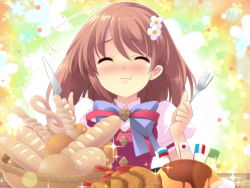 Rule 34 | 1girl, :3, :t, ahoge, blush, brown hair, eating, flag, flyable heart, food, foodgasm, french flag, highres, inaba yui, ito noizi, japanese flag, knife, solo, tears
