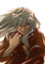 Rule 34 | 1boy, absurdres, animal ears, brown eyes, closed mouth, dog ears, hair between eyes, highres, inuyasha, inuyasha (character), japanese clothes, jewelry, kayo1102, kimono, long hair, long sleeves, looking at viewer, male focus, necklace, red kimono, sidelocks, smile, solo, sword, weapon, white background, white hair